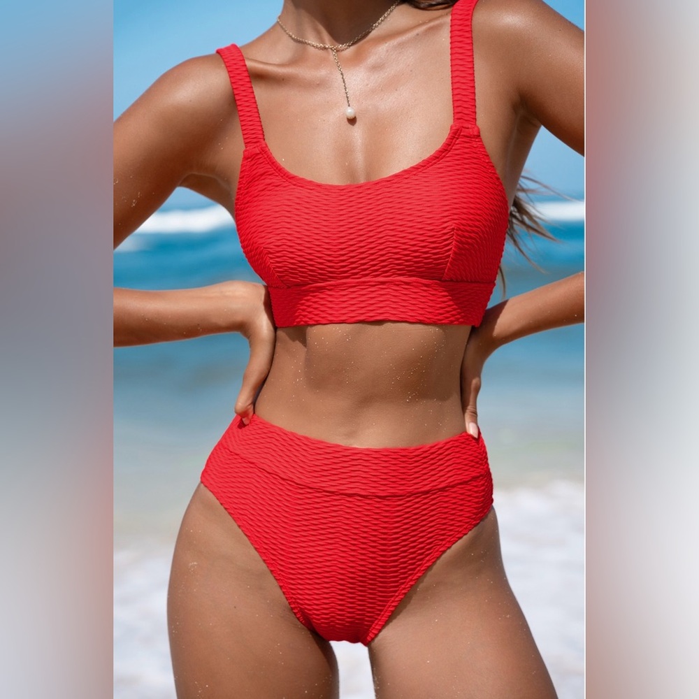 Red Textured Bikini Set
